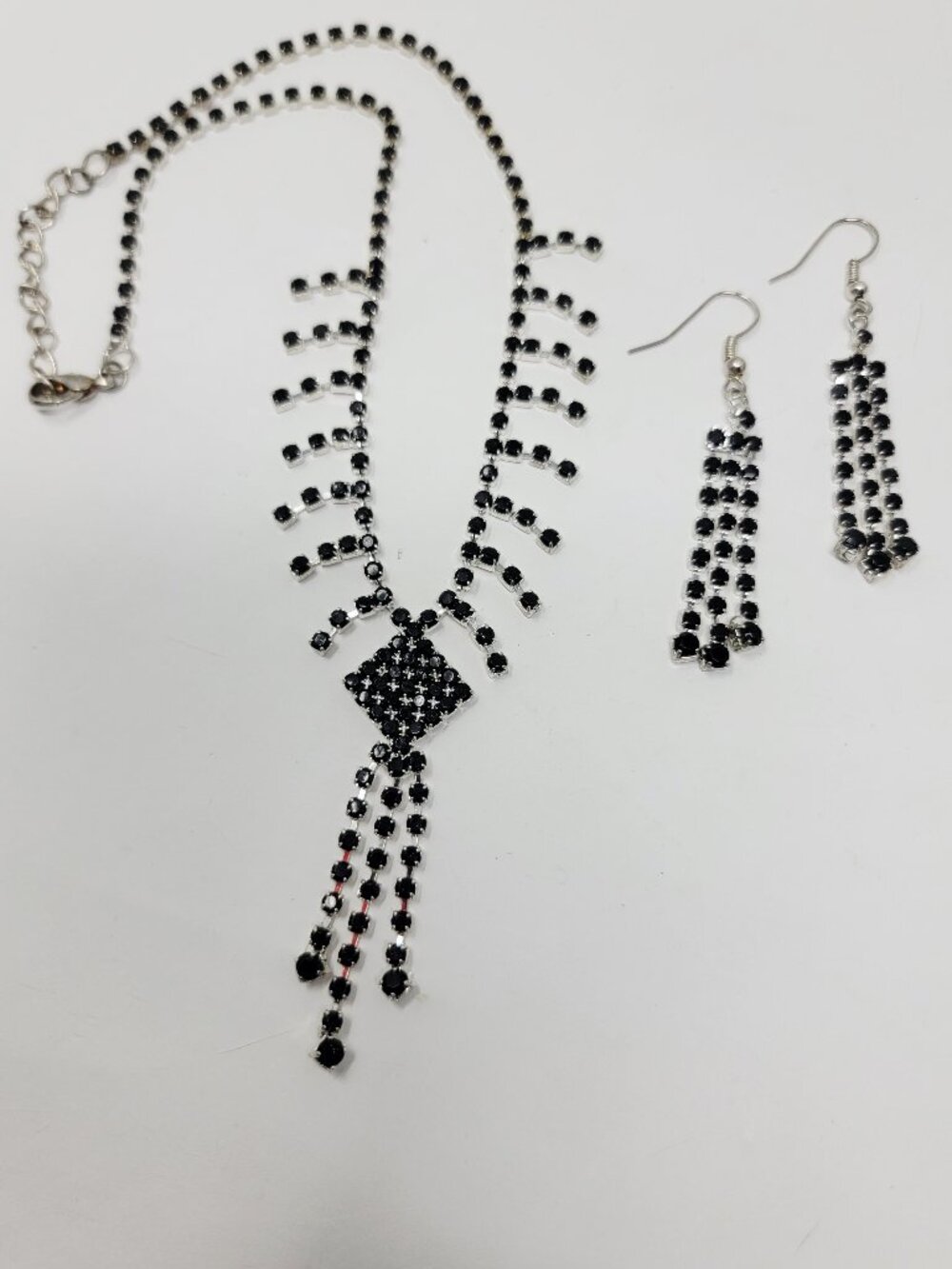 #11 Black Rhinestone Fringe Necklace Earrings Set Silver Tone Mid Century Style